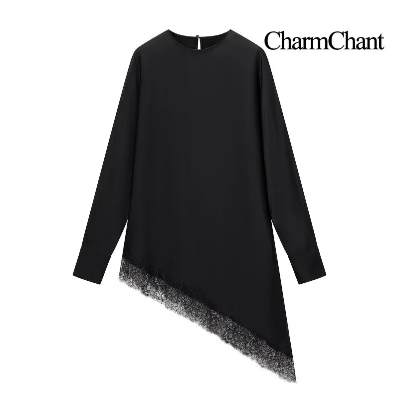 CharmChant Black Satin Asymmetrical Lace Long-Sleeve Shirt for Women