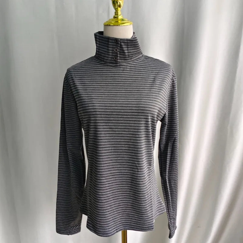 Kimotimo Retro Striped Turtleneck Long Sleeve T-shirts Women 2026 New