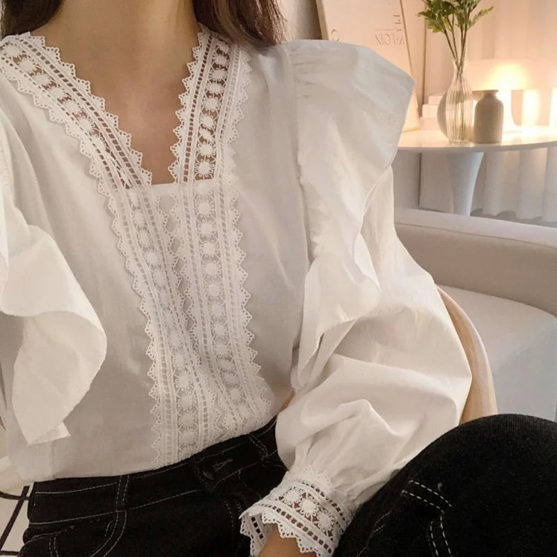 V-neck Ruffles Puff Sleeve Women Blouse Long Sleeve Tops Long Sleeve