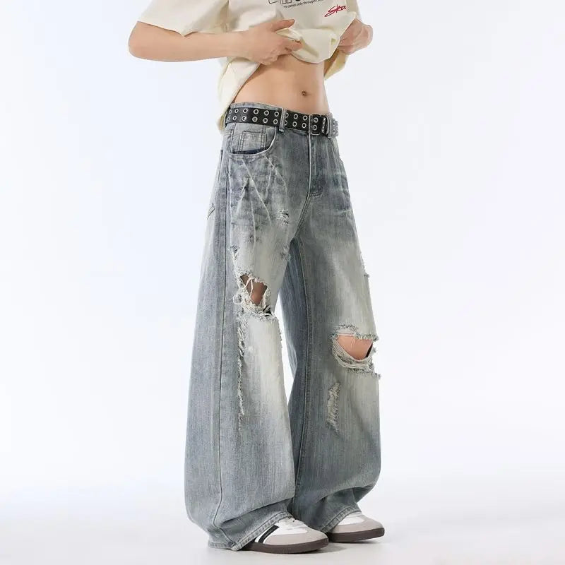 Male Ripped Pants Stretch Solid Blue Casual Men's Wide Leg Trousers