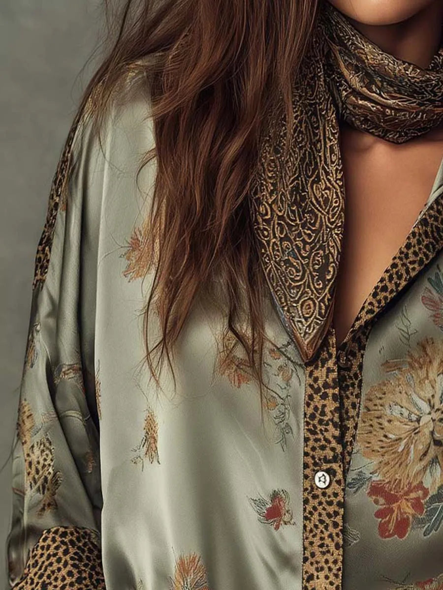 Retro Floral Print Loose Blouse Women Leopard Splice Lapel Button Long