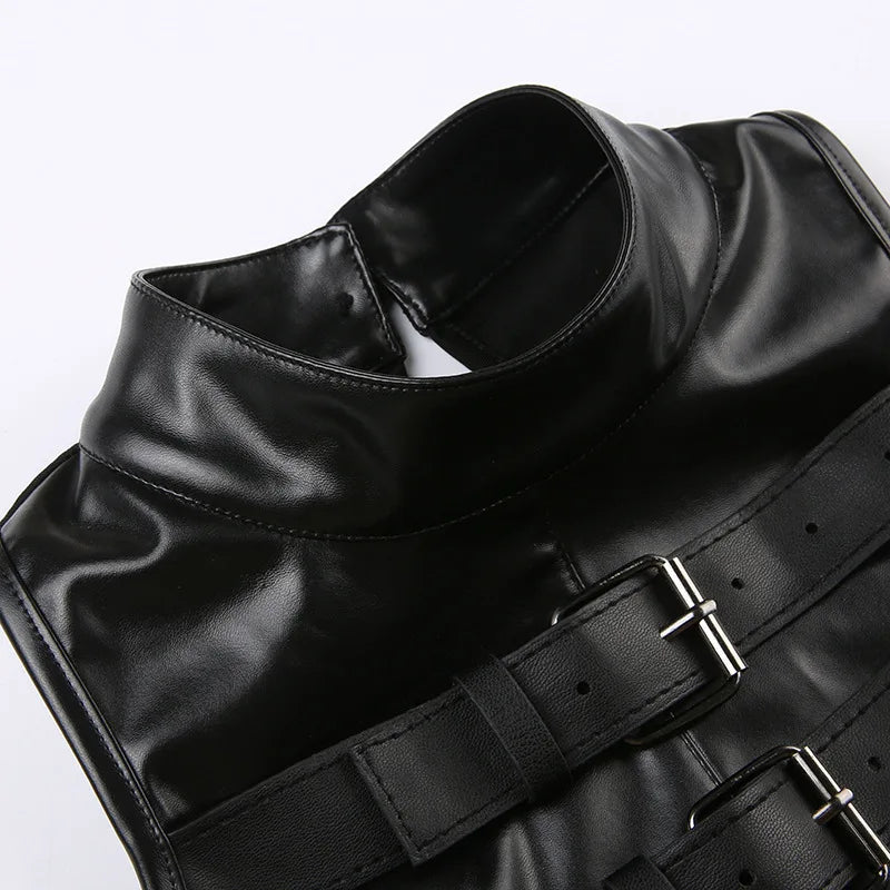 Streetwear Style Leather Mesh Splicing Half High Collar Belt Design