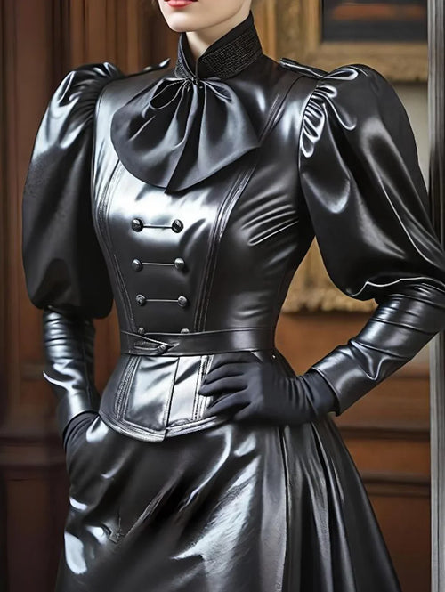 Faux Leather PU Top for Women Stand Collar Lantern Sleeve Sweet High
