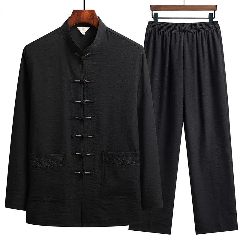 Chinese Traditional Clothing Set Man Fall Linen Buckle Kung Fu Shirt