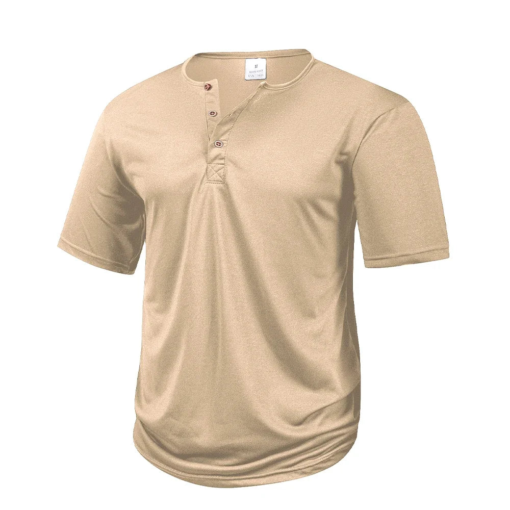Men's Casual  Henry T Shirt Summer Brown Button Solid Color Polo Short
