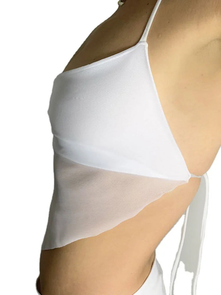 Sexy Transparent y2k Mesh Halter Tops Women V-neck Backless Korean