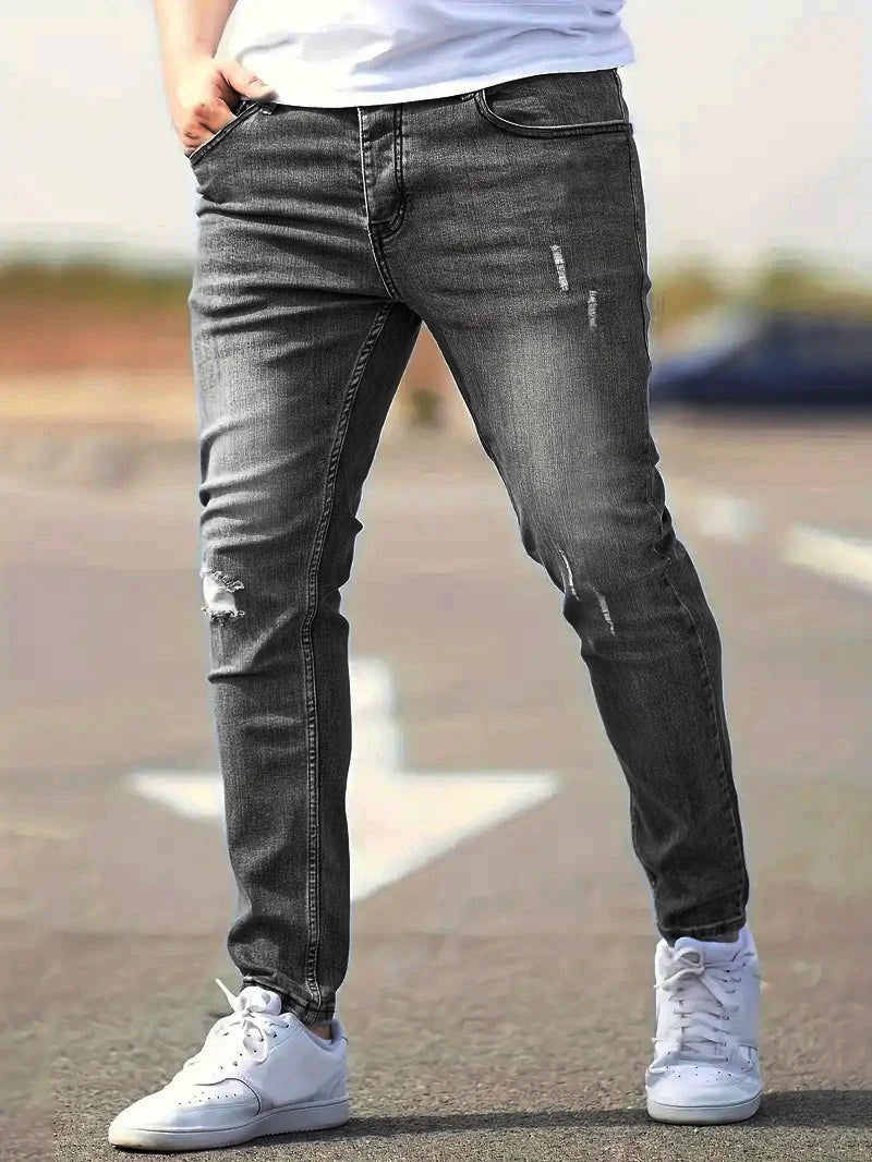 Men's American Retro Hole-Punched Stretch Slim Fit Jeans Zipper Casual
