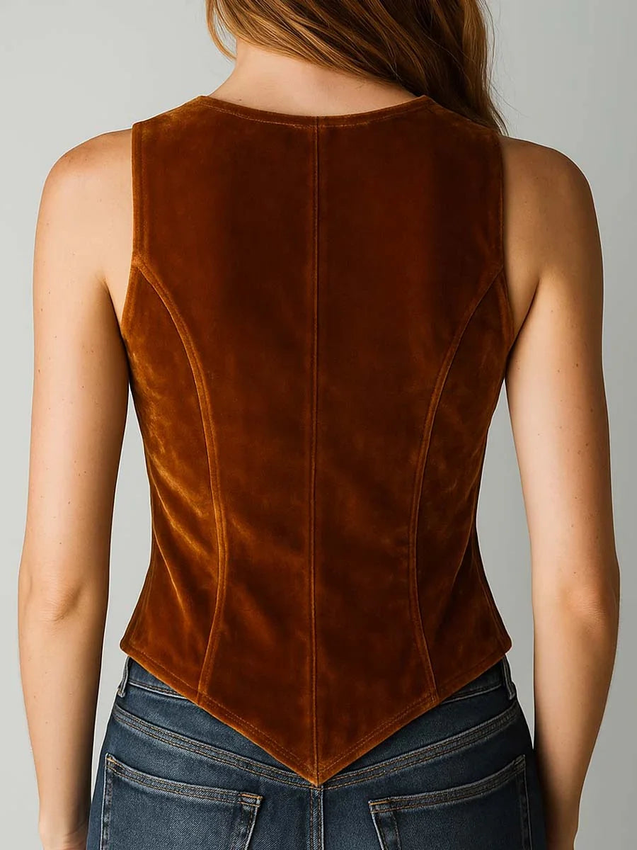 Retro Lace Patchwork Velvet Vest Women Vintage Caramel Crop Jacket