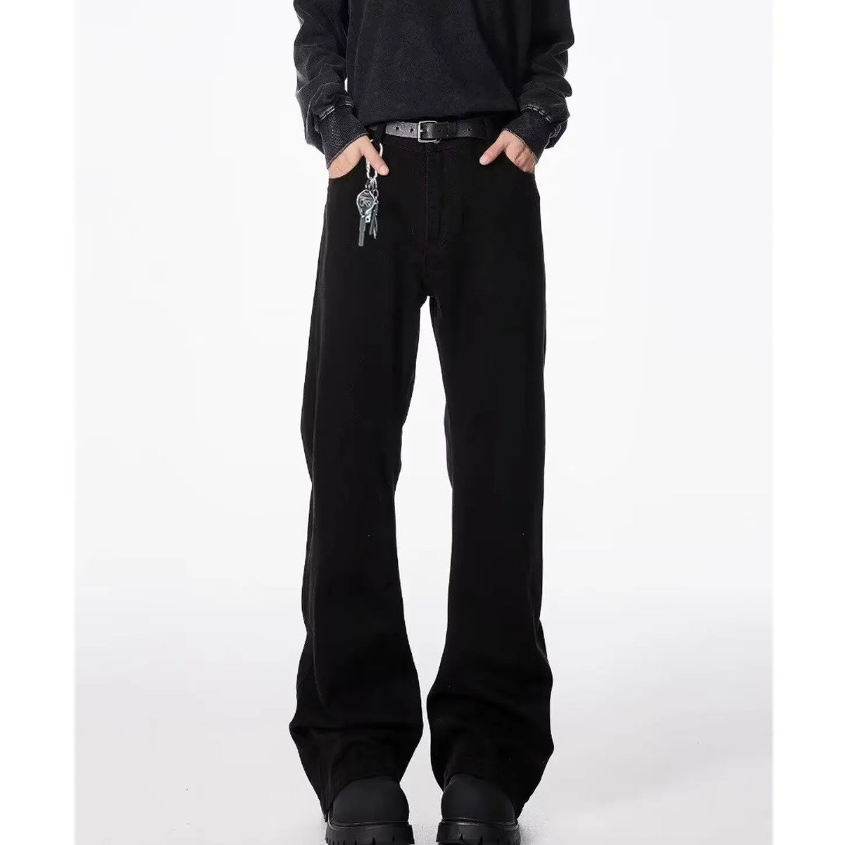 American basic washed black micro flared jeans men's stretch straight