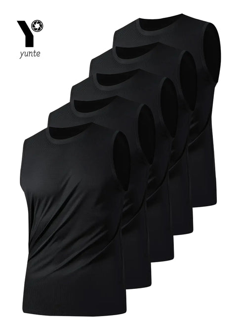Men's Sports Vest Black 5-Piece Breathable Round Neck Slightly Elastic