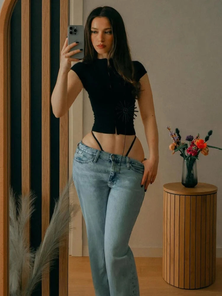 Weird Puss Tassel Applique Crop Tops Women Single-Breasted Half-High