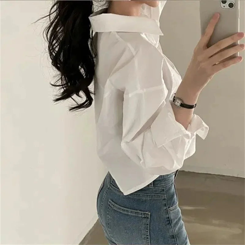 Spring New Casual Long Sleeve Women White Shirt Korea Style Solid