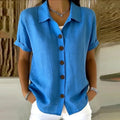 Women's Elegant Summer Cotton Linen Tops Short Sleeve Lapel Button Up