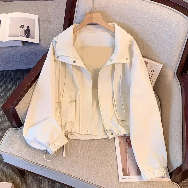 2025 New Spring Autumn Coat Women Cropped Hooded Jacket Casual Thin