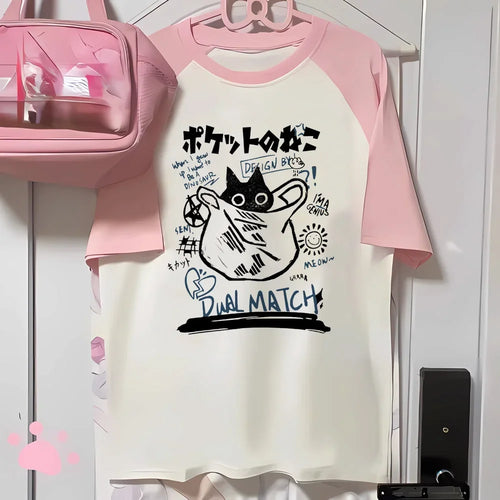 Aesthetics Japanese Grunge T-shirt Y2k Harajuku Anime Cartoon Cat Tops