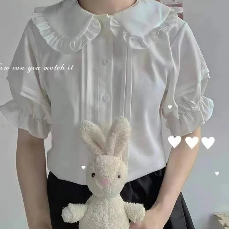 Zoki Japanese Sweet Women Blouses Lolita Style White Kawaii Peter Pan