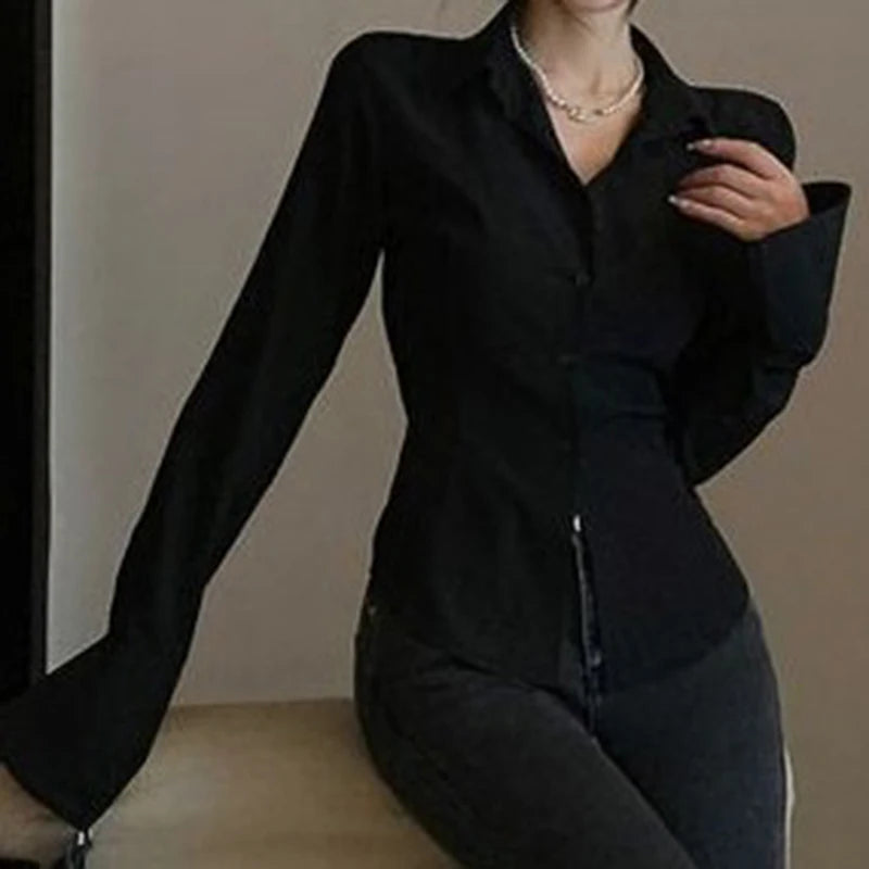 Women White Bandage Shirts Korean Sexy Slim Flare Long Sleeve Female