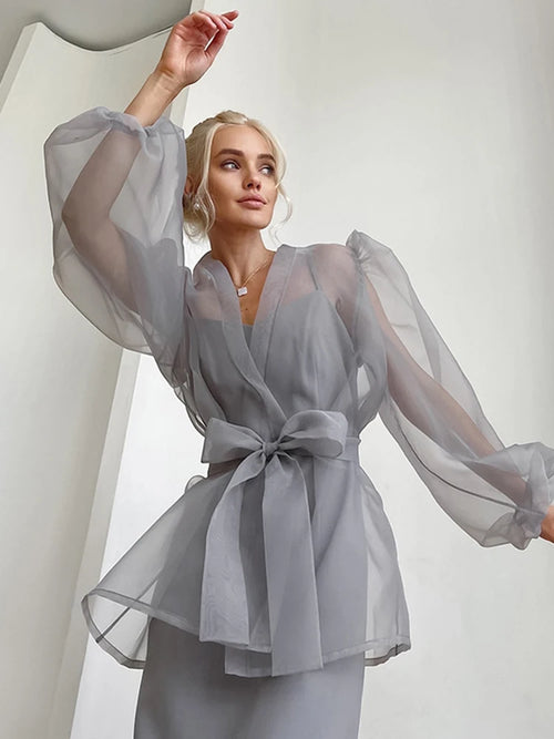 2023 Spring Summer Women Elegant Long Sleeve Solid Grey Mesh Shirt