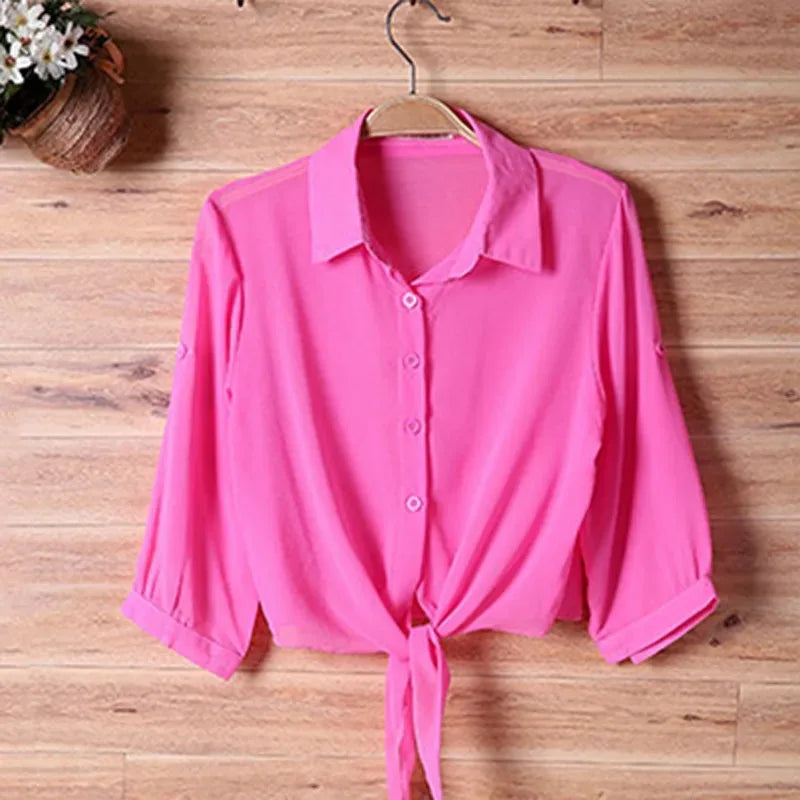 Thin Short Sleeve Chiffon Blouse for Women Casual Button Up Shirts