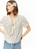 DUSHU 2026 New Summer Women's Striped V-Neck Short Sleeve Blouse,