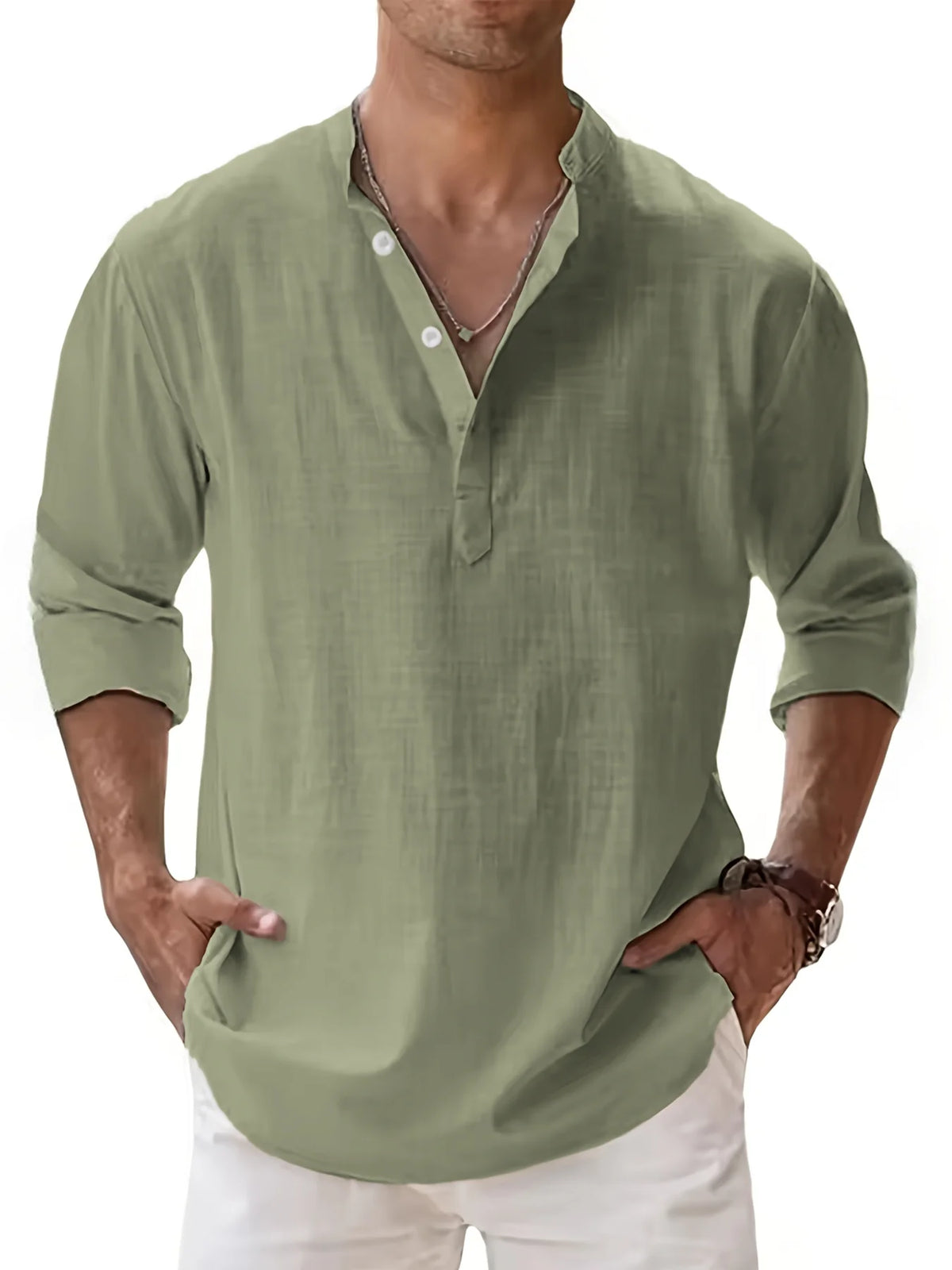 Men's Linen Blend Henley Neck Long Sleeve Shirt, Breathable Partial