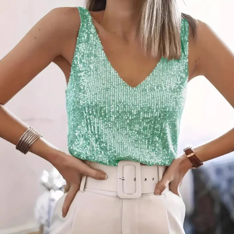 Women Sequin V Neck Tank Top Sleeveless Sparkly Camisole Slim Fit