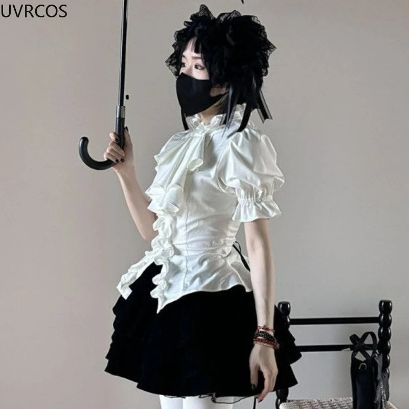 Japanese Victorian Gothic Lolita Puff Sleeves Shirts Y2k Aesthetic
