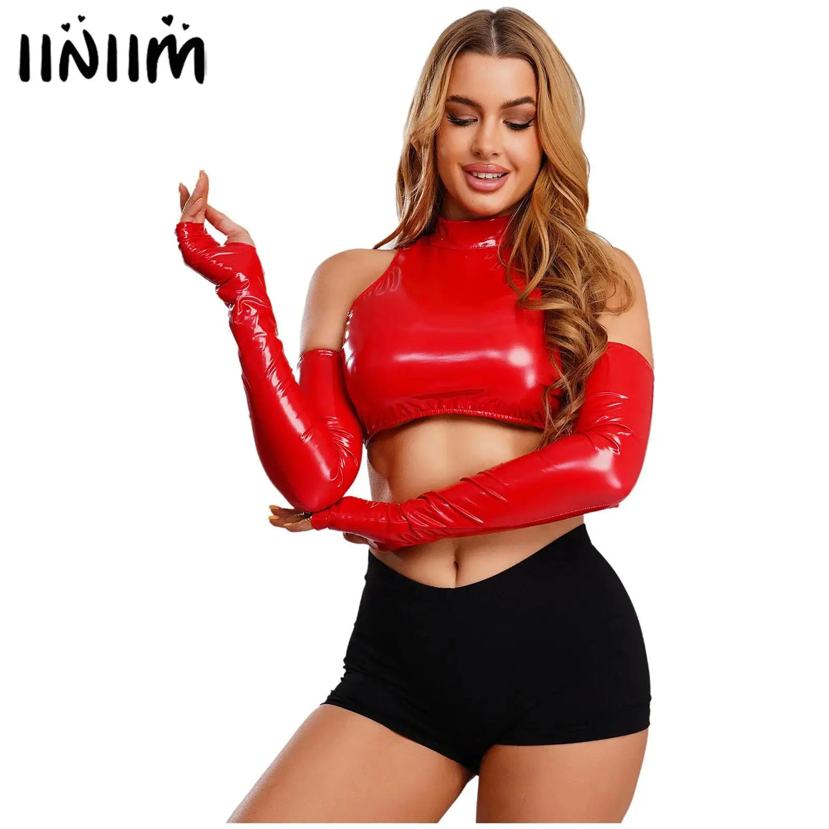 Womens Adult Glossy PU Cropped Top Cold Shoulder Long Sleeve Hollow