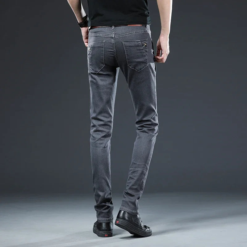 New Men's Multi-button Skinny Jeans Gray Black Stretch Straight