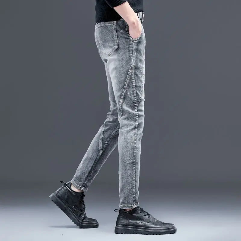 2026 New Men's Stretch Jeans Gray Slim Fit Small Feet Anti-wrinkle