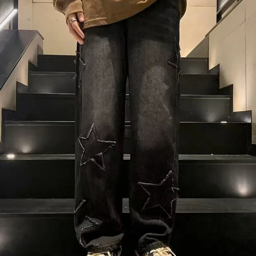 Star Embroidered Straight Casual Men's Jeans Y2K Gothic Unisex New