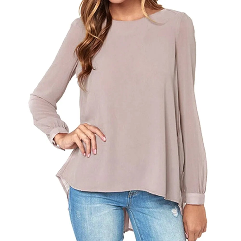 Women Sexy Casual Loose Chiffon Blouse Long Sleeve Solid Crimp Shirts