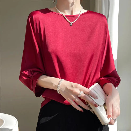 2023 New In Summer Satin Silk Half-Sleeve Tee Tops Basic Solid Women‘s