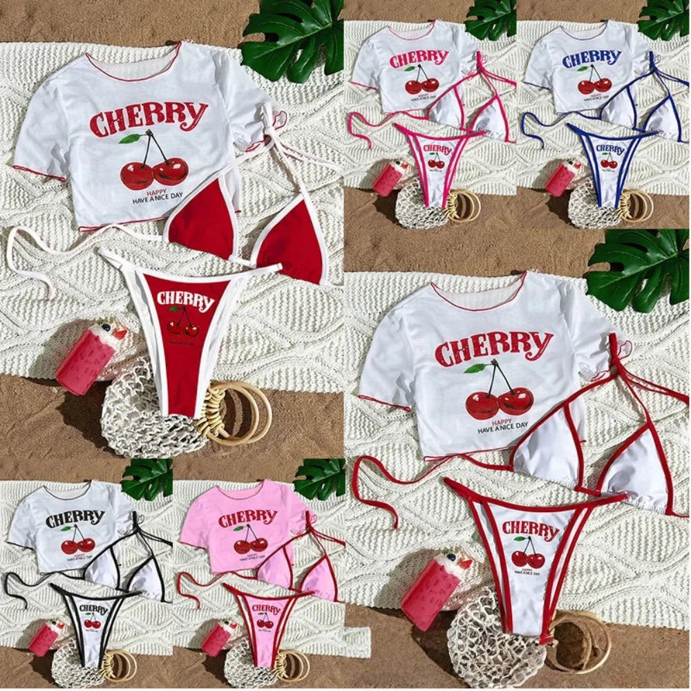 2026 New Printed Top Mesh Blouse Split Sexy Three-Piece Bikini