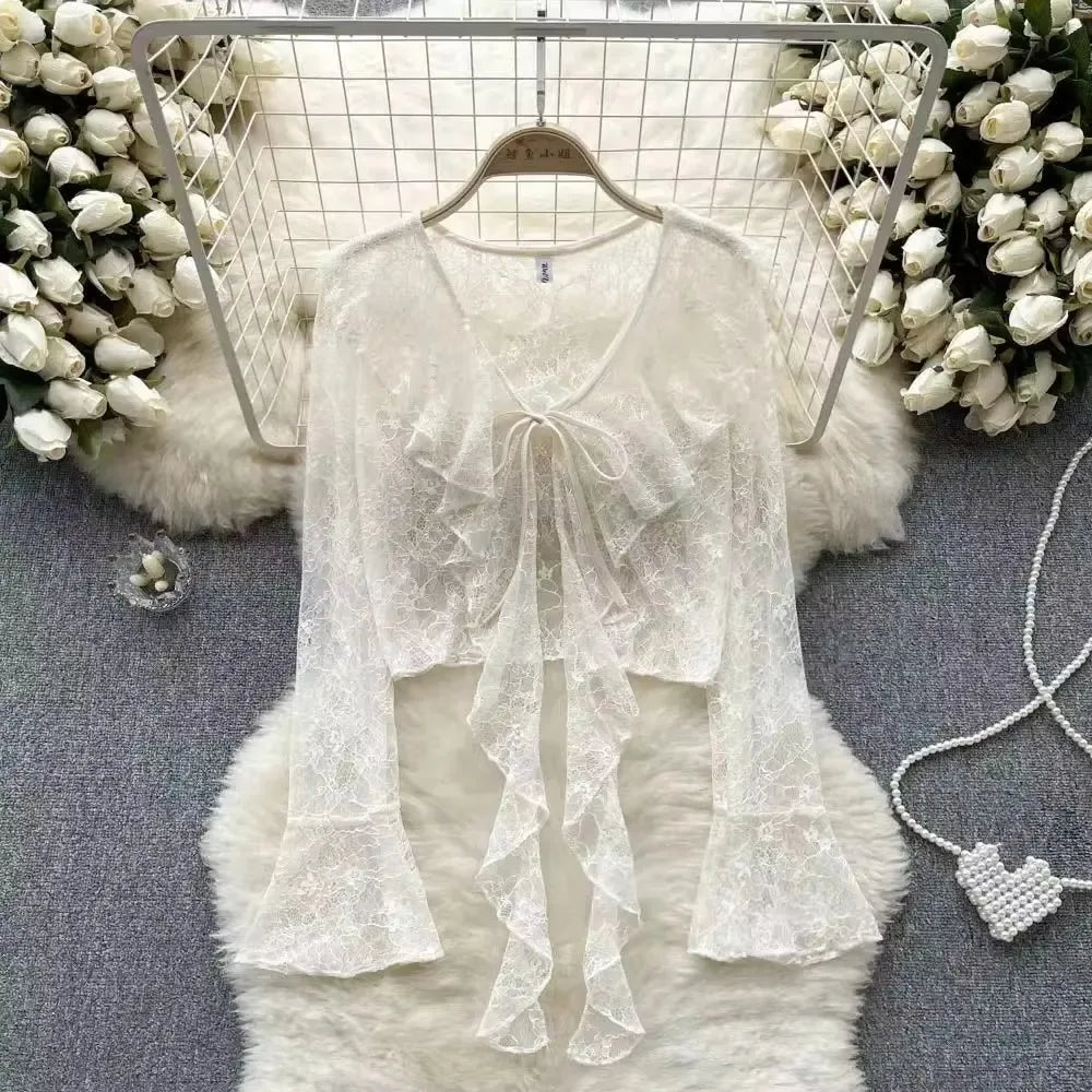 Women's Lace Cover UP Cardigan Cropped Tie Front Bell Sleeves Blouse