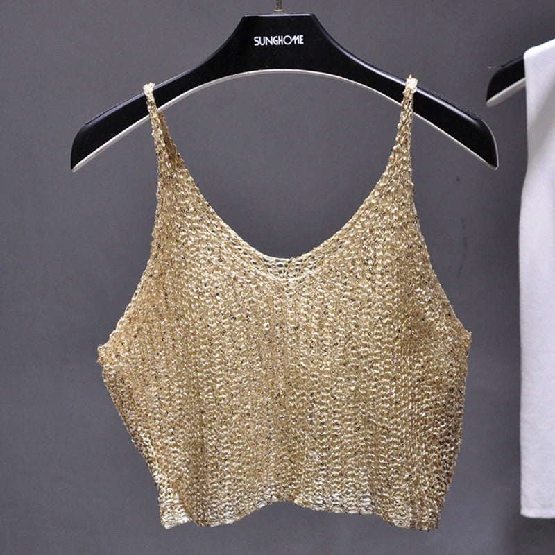 Sparkling Sequins Half Waist Render Knitwear Hollow-out Is Sexy Waist