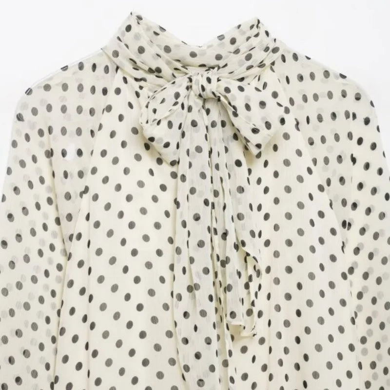 2026 Elegant Women Polka Dot Blouse, Spring Bow Tie Lantern Sleeve