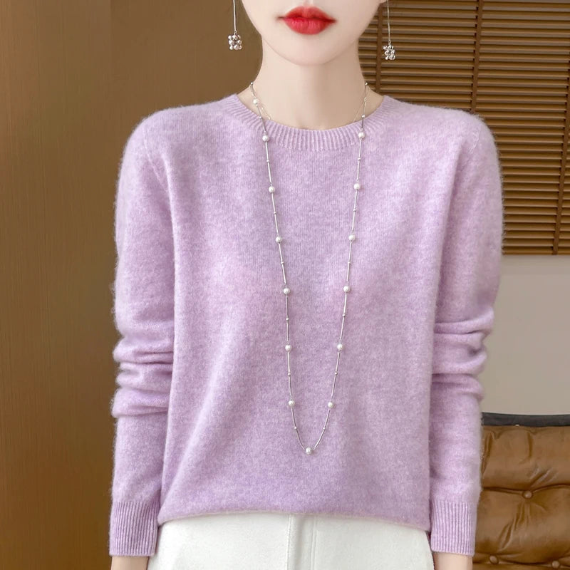 Women 100% Merino Wool Sweater New Fashion O-Neck Pullover Tops Basic