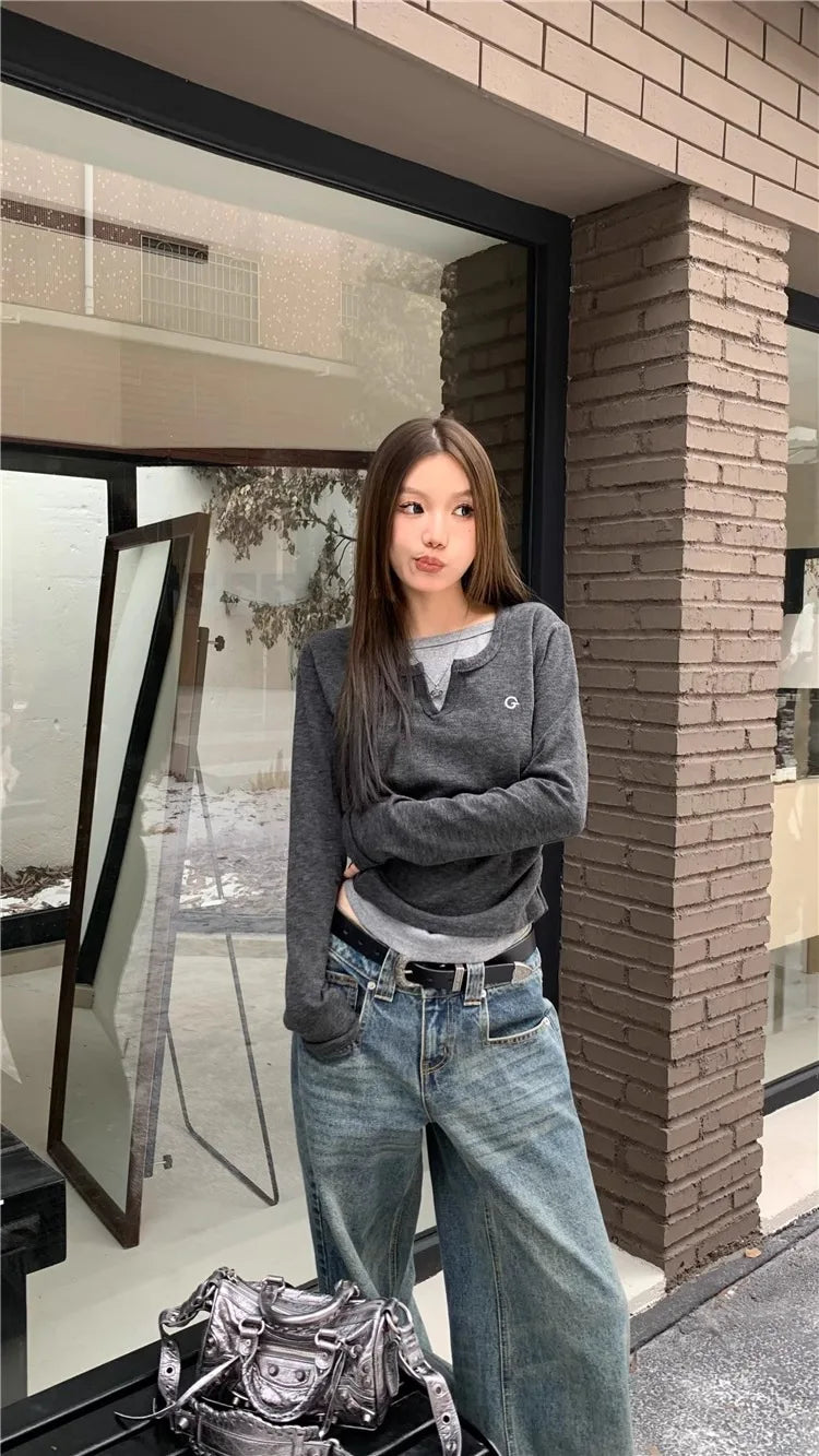 Women's T-shirt fake two piece long sleeved T-shirt for autumn and