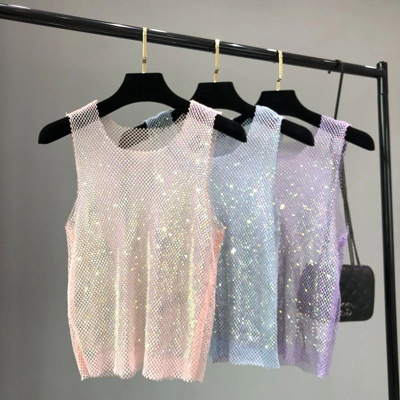 Crystal Beading Shiny Tanks Party Club Sexy Hollow Out Diamonds