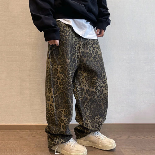 Men Loose Wide Leg Leopard Graphic Jeans Male Classic American Vintage