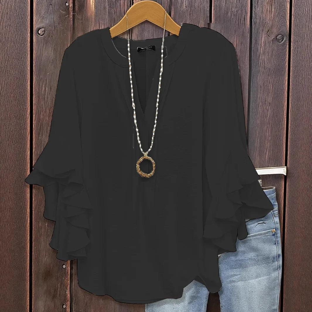 Women's V Neck Ruffle Sleeve Blouse Split Neck Layered Flare Cuff