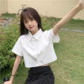 Oversize Cropped White Shirt Women Summer Short Sleeve Polo Neck
