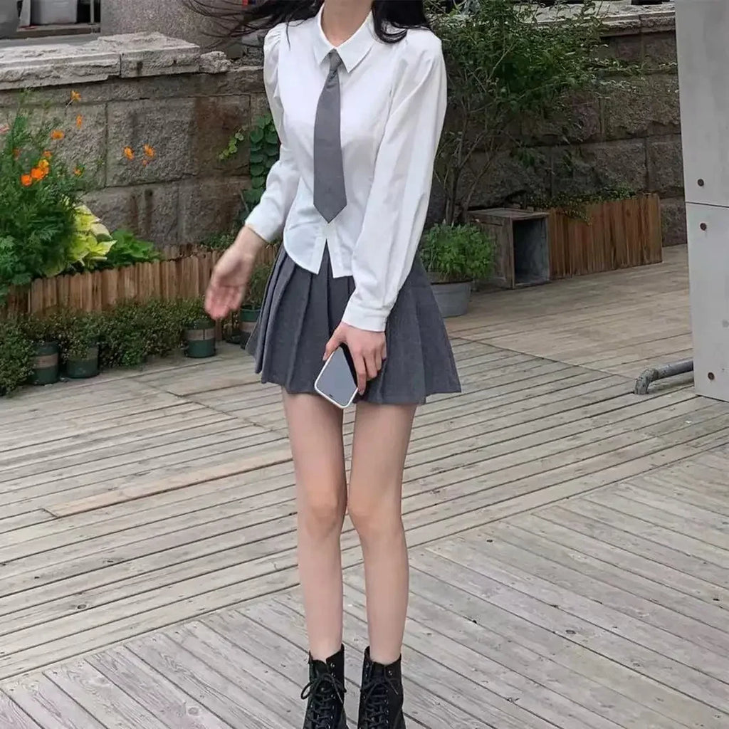 Preppy Bandage Basic White Shirt Women Slim Long Sleeve Cute Top