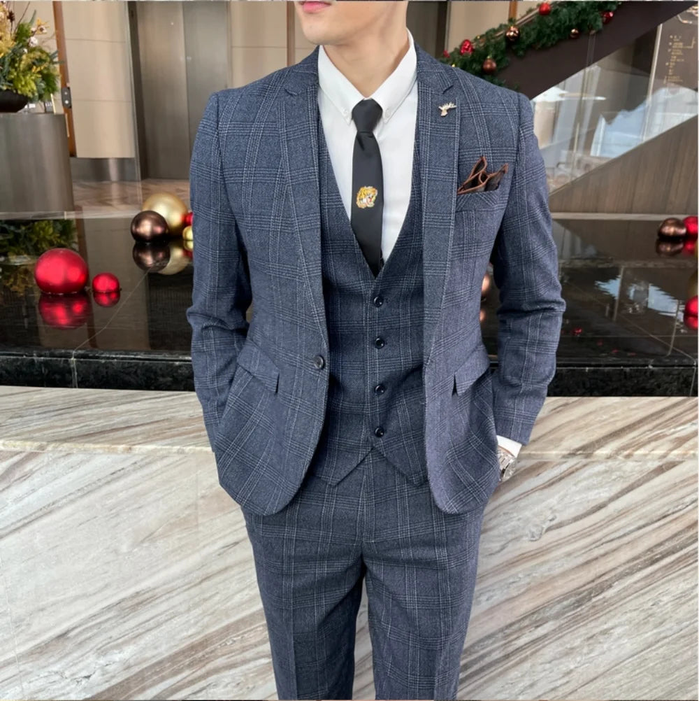 British Korean Style High Quality Modified Plaid Three-Piece Suit for