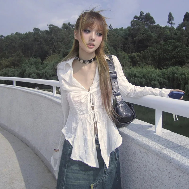 Karrram Y2k Aesthetics Pleated Shirt Fairycore Lace Up Blouse Trashy