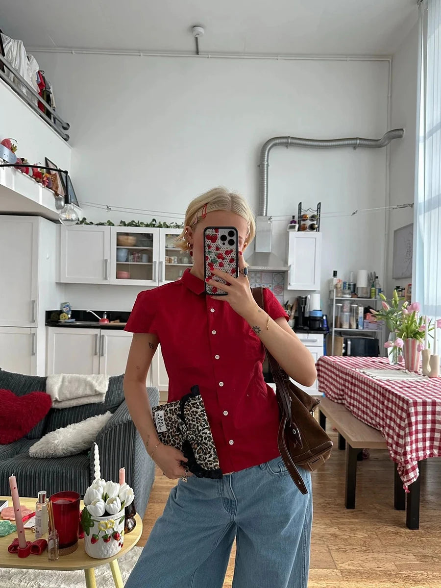Red Basic Slim T-Shirt Blouse Woman Summer Turn Down Collar Single