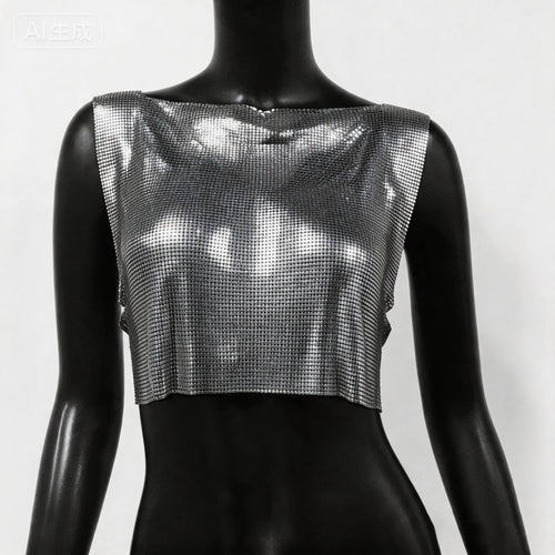 2024 New Shiny Metal Sequins Tank Top Sexy Round Neck Backless