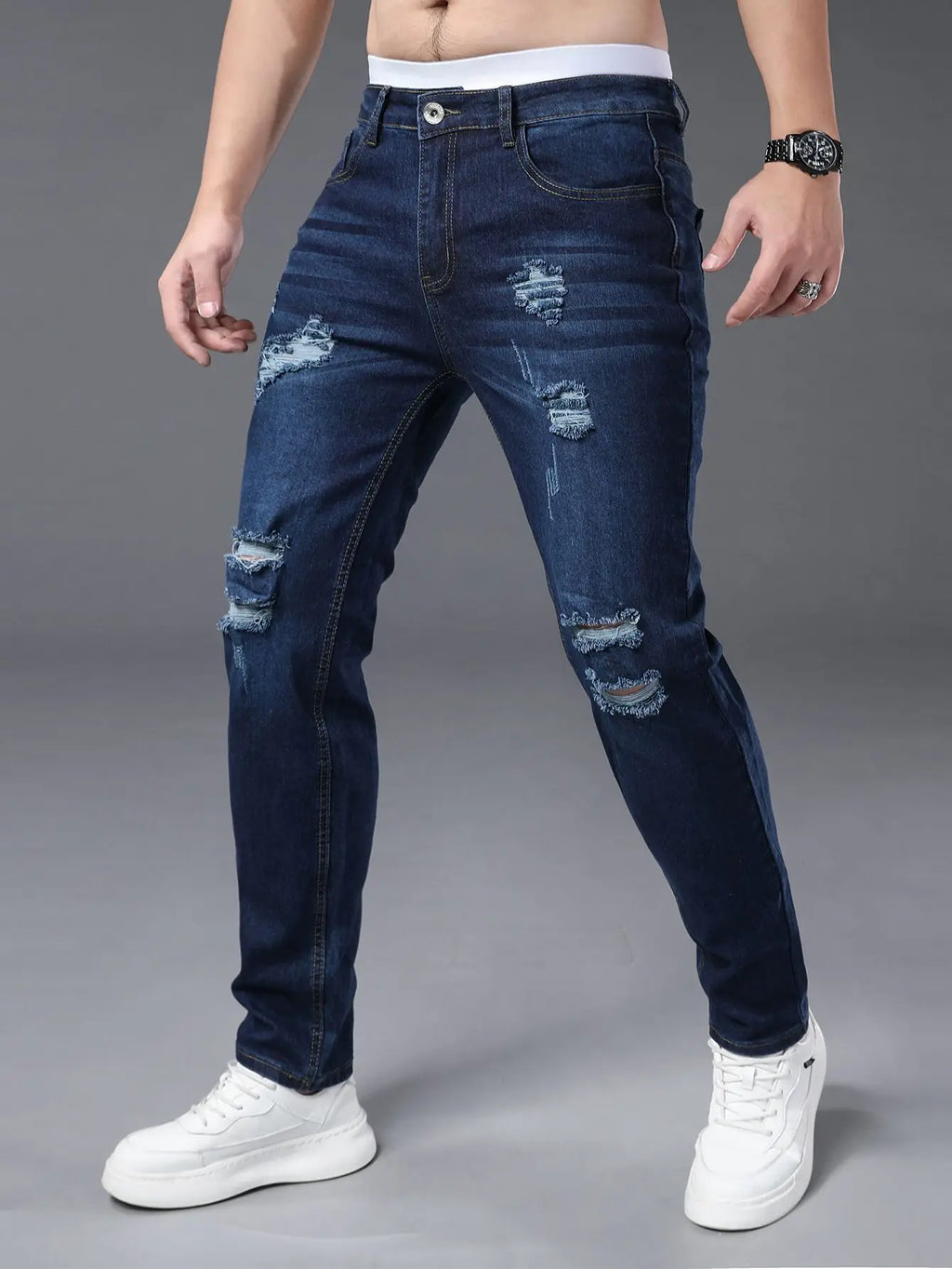 Men's plus size tight jeans with elastic holes, fashionable slim fit,