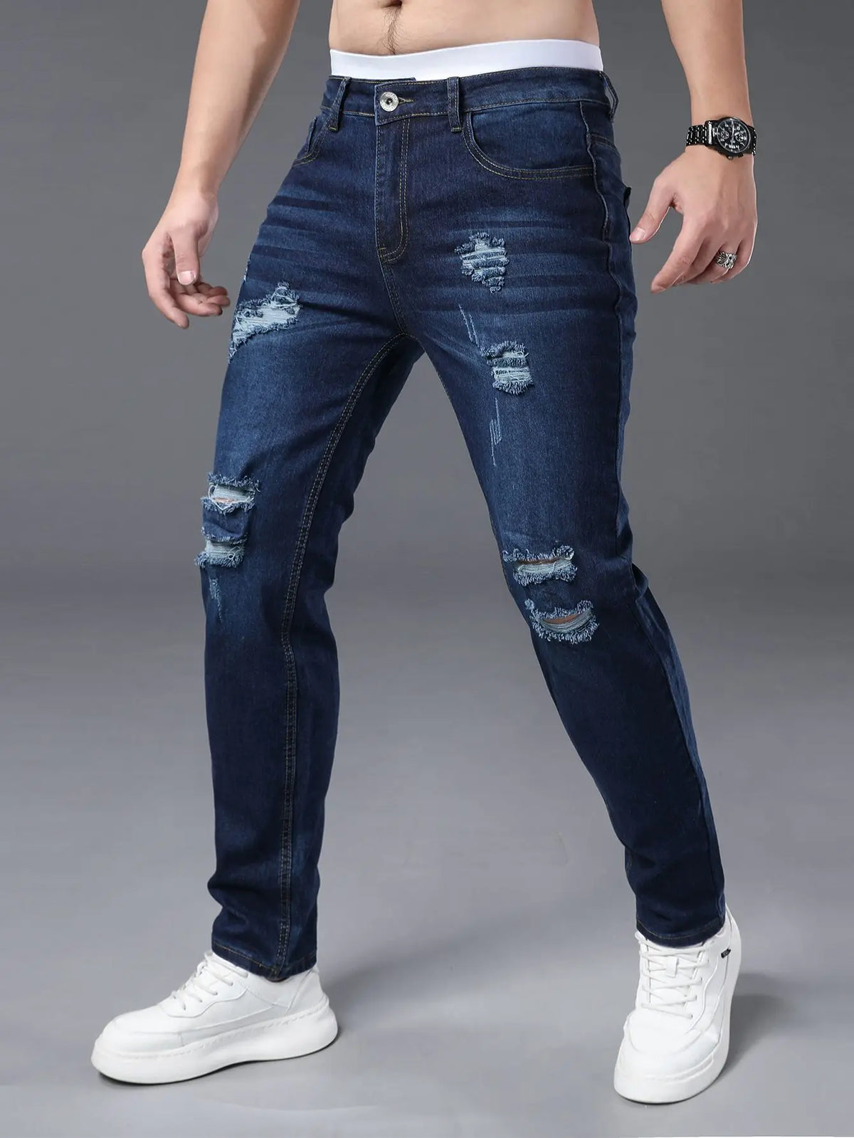 Men's plus size tight jeans with elastic holes, fashionable slim fit,